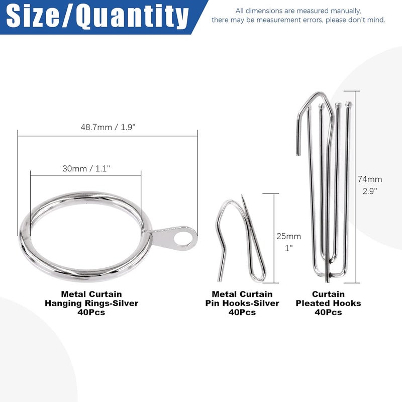 Glarks 120Pcs Silver Metal Drapery Curtain Hanging Rings with Stainless Steel 4 Prongs Curtain Pleat Hooks and Curtain Pin Hooks for Window Door Bathroom Curtain, 30mm Internal Diameter (Silver) - Image 2